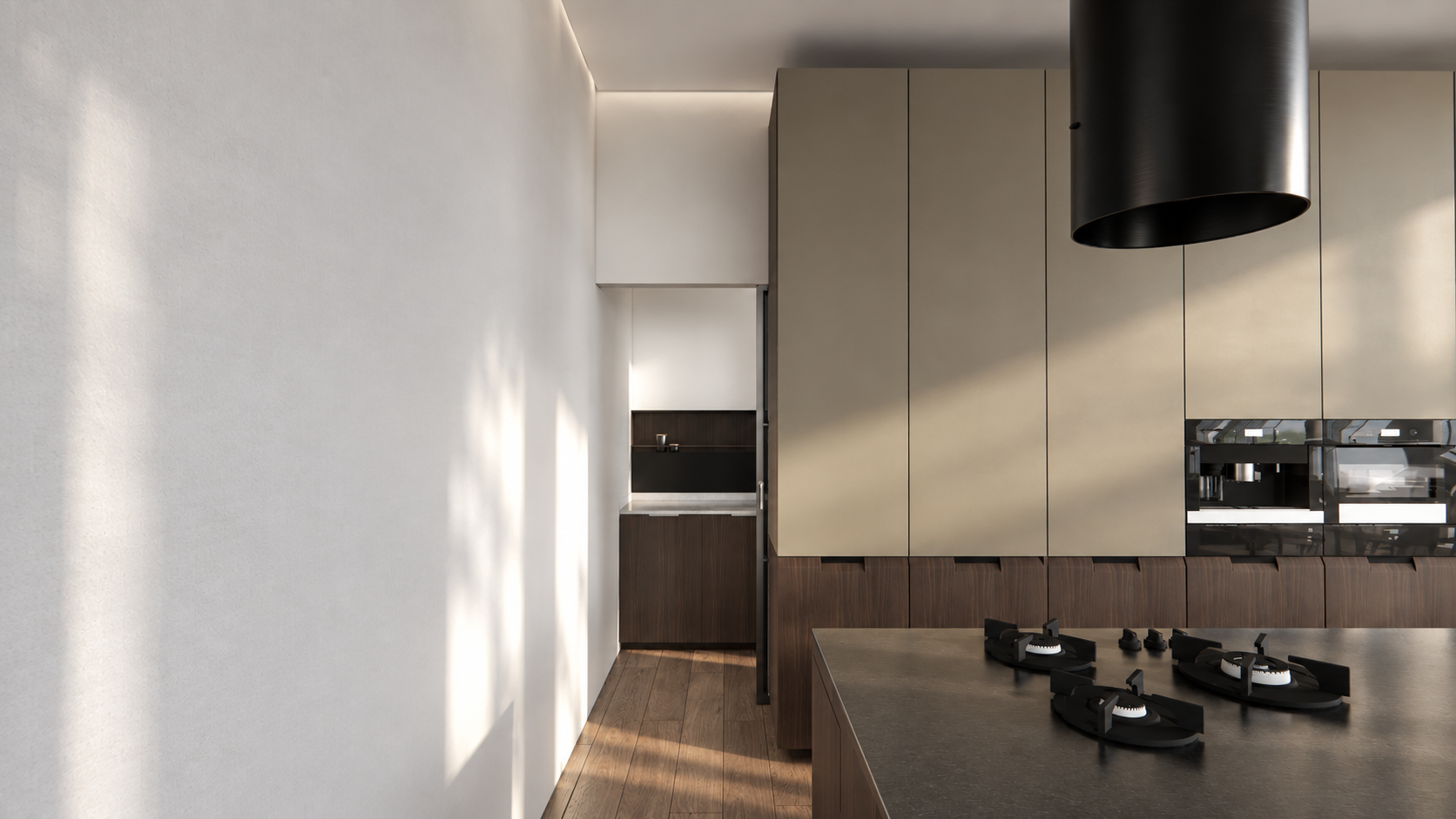 Εστίες και απαγωγός της κουζίνας με το pantry πίσω τους